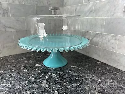 Fenton Turquoise Silvercrest Milk Glass Cake Stand Plate Aqua Blue Vintage W Lid • $625