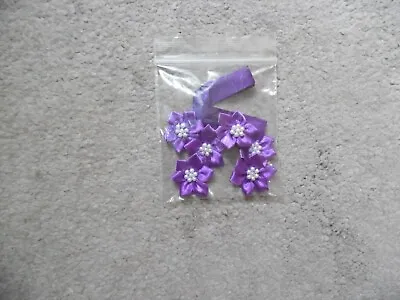 6 X Mini Purple Satin Ribbon Flowers Pearl Beads In Centre • £1.50