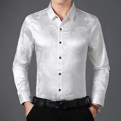 Men Satin Shirts Faux Silk Dragon Business Formal  Long Sleeve Blouse Loose Tops • £26.89