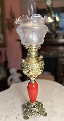 Antique Rochester Lamp Co Brass Banquet Oil Lamp With Red  Base And Vianne Shade • $225