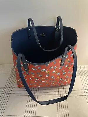 COACH REVERSIBLE 3 In 1 TEA ROSE FLORAL CITY TOTE BAG BLUE RED Coated Canvas • $59.99