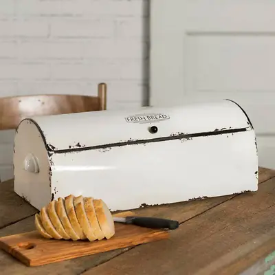 Primitive Vintage White Metal Bread Box Bin Farmhouse Container • $99