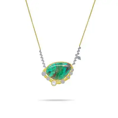 Chrysacolla 39.89 Ct Blue Topaz And Diamond Yellow Gold Sculpture Necklace MEIRA • $2250