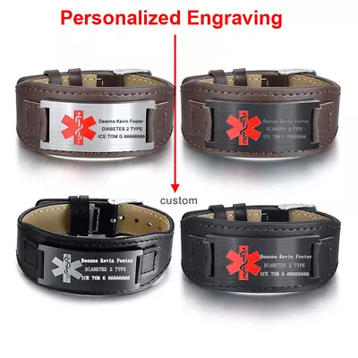 Personalized Genuine Leather Medical Alert ID Men's Bracelet Cuff Free Engraving • $10.99