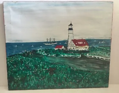 Nix - Lighthouse Masted Ship At Sea Vintage Original Oil Canvas Signed - Estate • $75