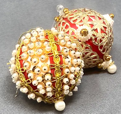 £25.74 • Buy 2 Vintage Beaded Sequins Push Pin Christmas Ornaments Gold Ivory Brown MCM Retro