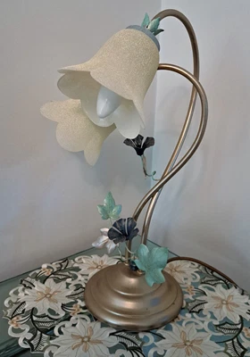£49.99 • Buy Art Nouveau Table Lamp Twin Lily Frosted Glass Shades Hand Painted Wrought Iron