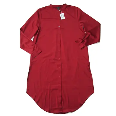 NWT Eileen Fisher Mandarin Collar Shirt In Serrano Red Satin Button Tunic PS • $44