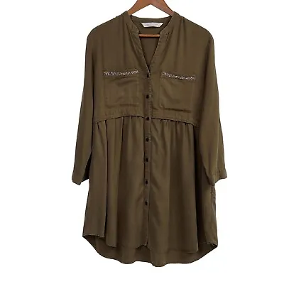 Zara Olive Green Long Roll-Tab Sleeve Flowy Lyocell Rhinestone Shirt Dress Sz M • $27.99