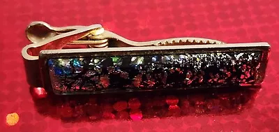 Vintage Tie Bar Tie Clasp  Gold Tone Dramatic Colorful Foil In Domed Black Bar • $7.99