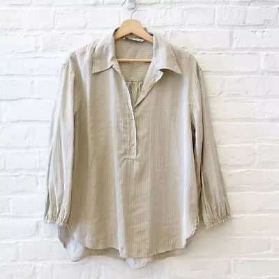 Zara || Oversized Striped Popover Shirt Tan Khaki White Large • $32.85