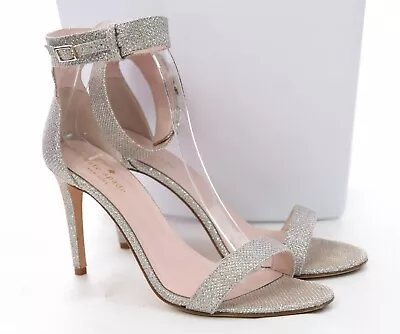 Kate Spade New York Sz 8.5 M Isa Silver Grid Lurex Ankle Strap Heel Open Toe • $90.49
