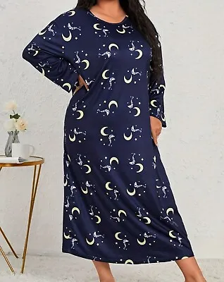 New Plus Size Nightdress Women's Moon Print Long Sleeve Round Neck Loose Fit • £10