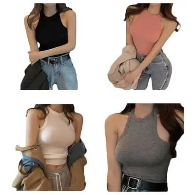 Women Sleeveless Halter Crop Tank Top O-Neck Racerback Ribbed Slim Solid Vest • £5.46