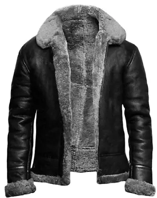 Men’s Faux Leather Jacket Warm Black Aviator Flying Faux Fur Shearling Coat • $54.75