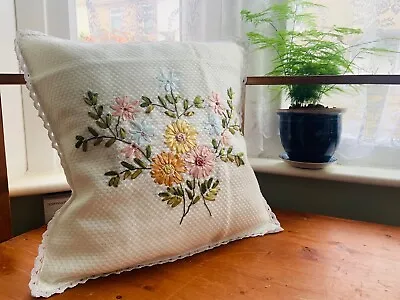 Ribbon Embroidered Cushion Covers 45x45cm | Floral With Lace Border • £9.99