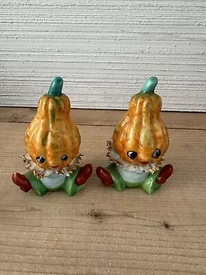 Vintage Halloween Pumpkin Man Gourd Head Ceramic Salt Pepper Shakers Japan • $18