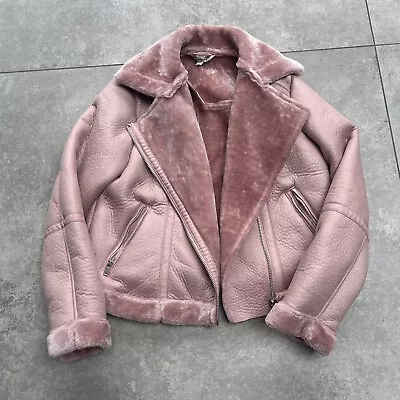 BNWT MISS SELFRIDGE SHEEPSKIN JACKET 10 Pink Faux Leather Aviator Flying Bomber • £22