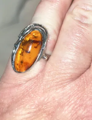 Vintage Israel Amber Cabochon Ring 925 Sterling & Gold Tone Amber Earrings!! • $33.95