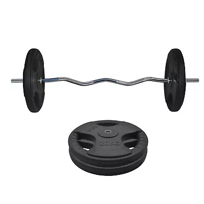 45kg Rubber Coated Ez Grip Cast Iron Weight Plate +120cm Curl Barbell Weight Set • $189.26