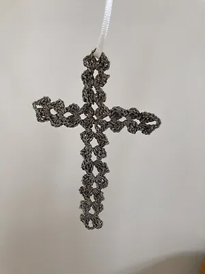 Handmade Crochet Pewter Easter Or Christmas Cross Decoration • £2.80