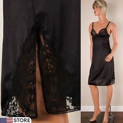 💖 MAIDENFORM SWEET NOTHINGS Sz 32 Black Full Slip Dress Nylon Lace Slit ILGWU • $24.99