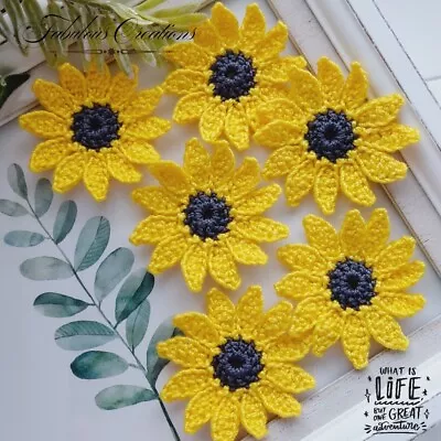 6 Handmade Crochet Yellow Daisy Flowers Sunflowers Applique Scrapbooking Sewing • £6.09