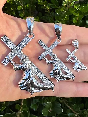 Jesus Carrying Cross Plain Crucifix Pendant Necklace 925 Sterling Silver 3 Sizes • $38.30