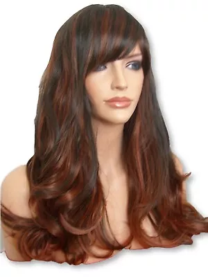 Brown Highlight Copper Womens Long Natural Wavy Women's Fashion Hair Wig UK G13 • £11.69