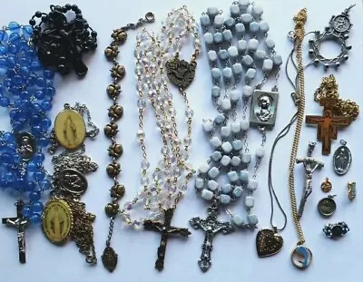 Vtg Lot Rosary Beads Crystal Blue Glass Plastic Saints Medals Crucifix Bracelet  • $6.05