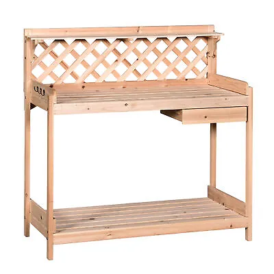 Outsunny Outdoor Wood Potting Table Garden Plant W/ Drawer Hook Slatted Shelf • £69.99