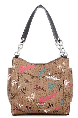 $69.99 • Buy NEW GUESS Stanzler Women's Brown Logo Pink Graffiti Print Tote Bag Handbag Purse