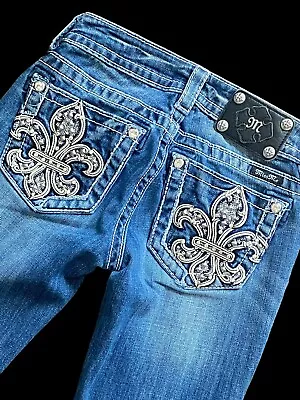 Miss Me Jeans Signature Boot Embroidered Fleur De Lis Pockets Blue Size 25 • $34.50