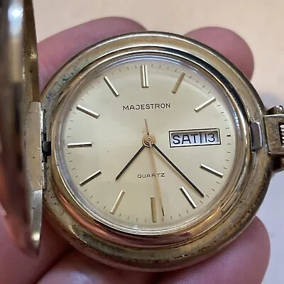 Vintage Majestron Analog Quartz Pocket Watch Day Date Gold Tone - Not Tested • $39.99