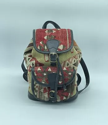 Vintage 80's 90's Hippie KILIM Hand Woven Cotton Boho Nubuck Leather Backpack • $85.47