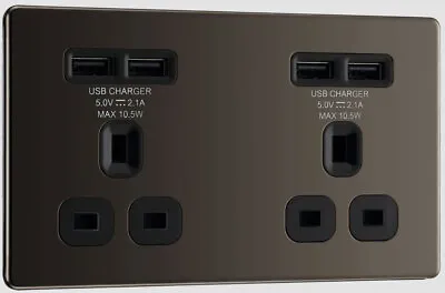 £14.99 • Buy BG Black Nickel Double Plug Wall Socket 4 USB Ports Screwless Faceplate Flush