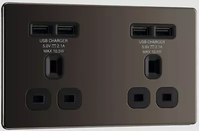 £14.99 • Buy BG Black Nickel Double Plug Wall Socket 4 USB Ports Screwless Faceplate Flush