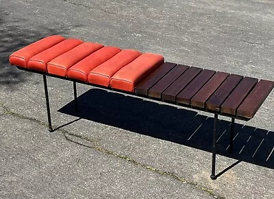 Red Leather And Wood Bench Mid Century Modern 55” • $475