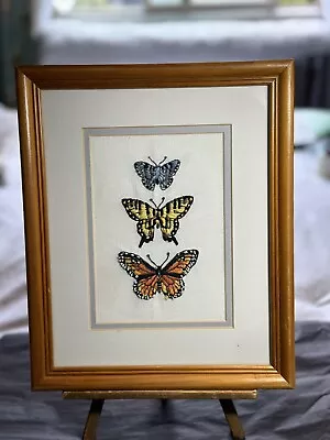 Butterfly Needlepoint Framed 3 Butterflies On White Background Cottage Core 9x10 • $10