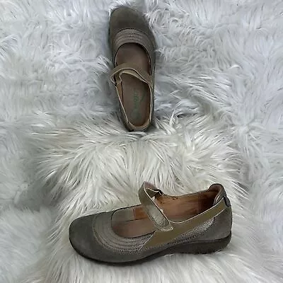 Naot Sz 38 Brown Suede Taupe Patented Leather Strap Maryjane Flats • $50