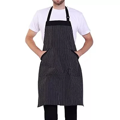 Adjustable Bib Apron With Long Ties For Women Men 18 Colors Chef Bk&wh Stripes • $24.28