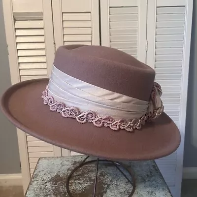Cappelli Tan Brimmed Hat With Cream Ribbon And Rose And Pearl Trim • $30