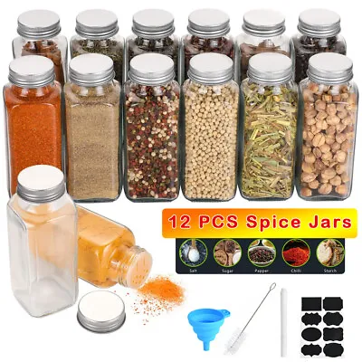 12PCS Spice Jars Bottles Airtight Salt Container Square Glass Seasoning Pots UK • £8.99