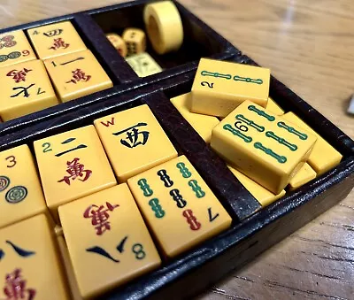 Antique Chinese Mahjong Game Set Carved Bakelite 152 Tiles Leather Case • $700