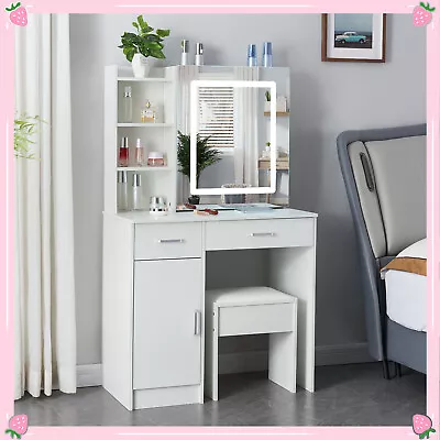 Large White Dressing Table Stool Set And LED Light Mirror Vanity Makeup Desk • £148.74