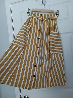 Metrowear Gold Stripe Skirt Linen Blnd Aline Patch Pockets Elastic Belt RETRO  S • $19.99