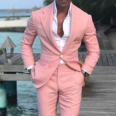 Pink Men Suits 2 Piece Slim Fit Notch Lapel Groom Wedding Business Tuxedos Pants • $54.40
