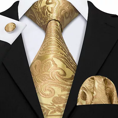 Mens Tie Set Gold Jacquard Woven Solid Silk Necktie Pocket Square Cufflinks • £10.99