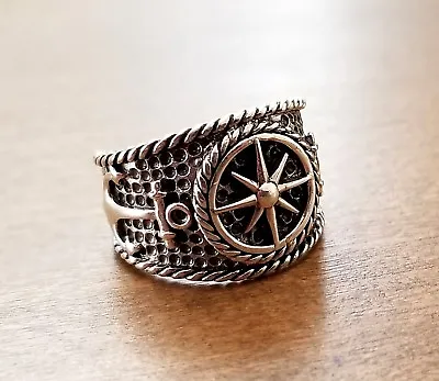 Handcrafted Solid 925 Sterling Silver Men's COMPASS And ANCHOR Mariner's Ring  • $59.95