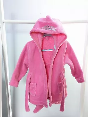 Baby Girls 18-24 Months Pink Fluffy Hooded Dressing Gown Sleep Nightwear Clothes • £5